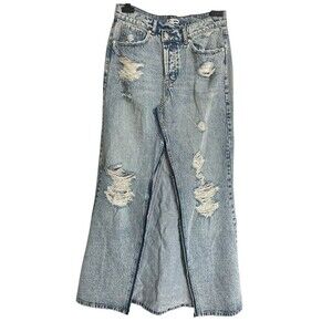 NWT Fashion Nova Denim Skirt Maxi Distressed Acid Washed Button Fly SZ S